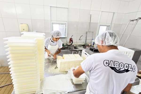 A imagem mostra dois trabalhadores em uma fábrica de queijos, imersos no processo de produção.